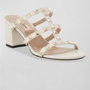 Valentino Women's Cream Studded Block Heel rockstud caged 60mm slide sandals